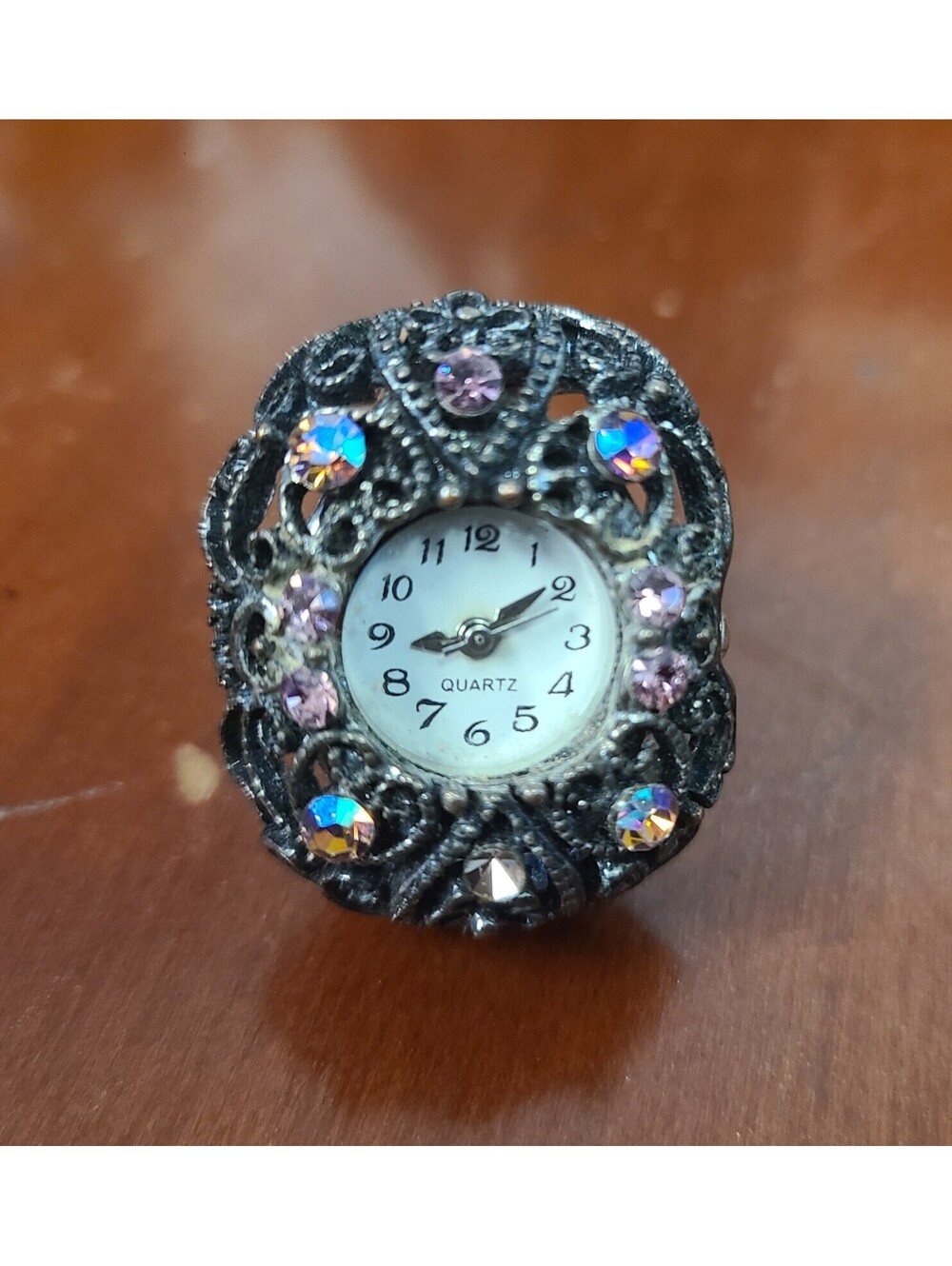 Silver Tone Quartz Watch Ring, Vintage Style, Crystals, Stretch Band